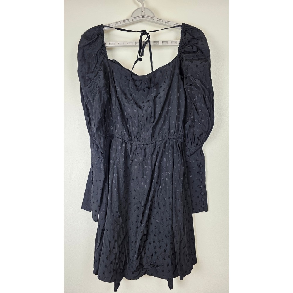 WAYF Mini Dress Womens Size S Black Jacquard Ruffle Square Neck Puff Sleeve - Picture 14 of 15